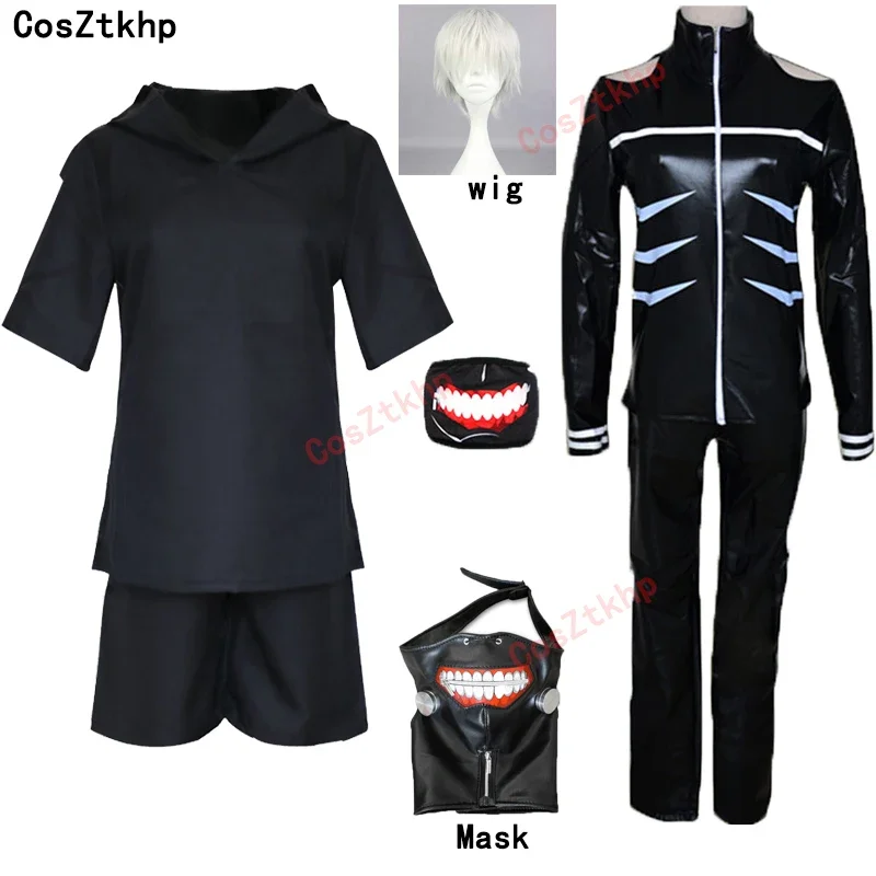 Disfraces de anime japonés Tokyo Ghoul, Kaneki Ken, chaquetas con capucha, uniforme de lucha negro, conjunto completo con máscara