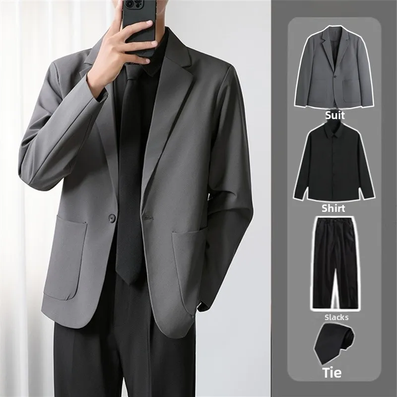 

ay Busin Casual Men's Suit Jaet Set Student Interview Formal Lightweight Ele Autumn Long Sve Plain Color