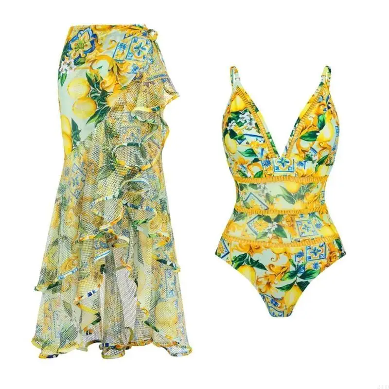 Women 1 Pieces Bathing Suit Tummys Control Swimsuit with Cover Up Wrap Skirt 24BD