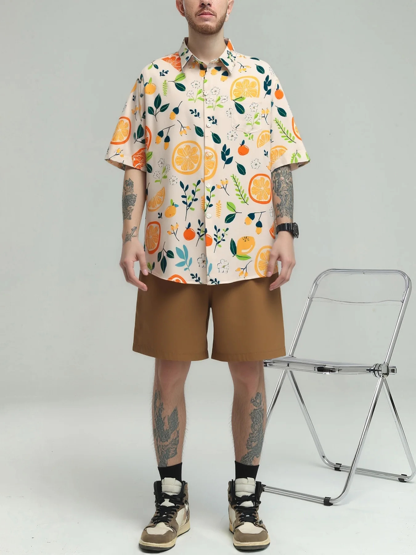 

2-piece Set of Loose Short Sleeved Shirt Shorts Men's Printed Casual Beach Top Extra Loose Summer Shirt Elastic Waist Pants