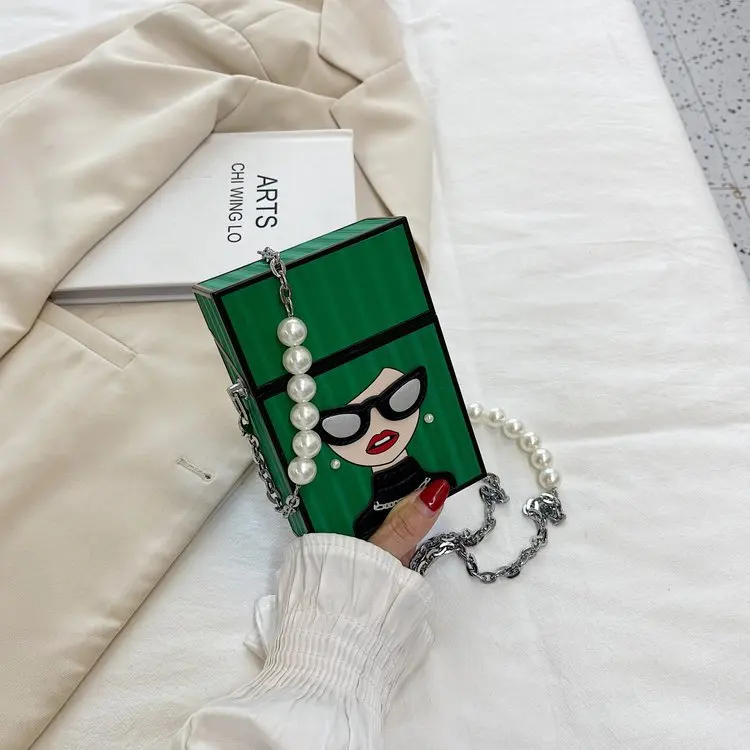 Small Shoulder Bag For Women Funny Cigarette Case Shape Bag Fashion Glasses Girl Chaiin Bag Pearl Chain Handle Box Bag