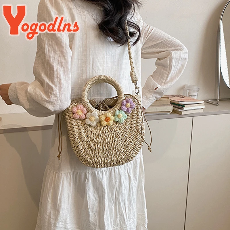 Yogodlns Straw Bags Women Summer Hand-Woven Rattan Bag Handmade Woven Purse Wicker Beach Bag Bohemia Bali Handbag bolsos mimbre