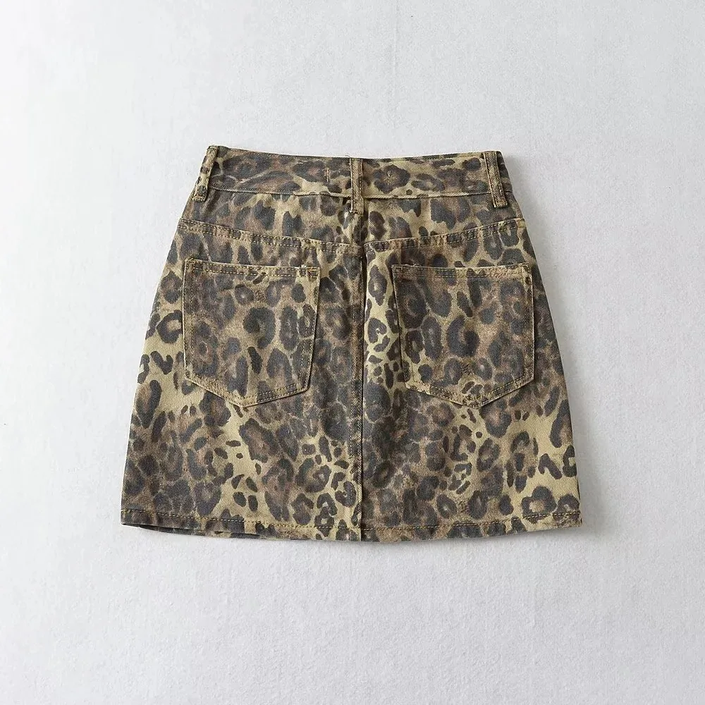 Leopard Print Skirts for Women Sexy Slim Pockets Spliced High Waist Wrap Hip Mini Short Denim Skirt Femme 2024 Summer Casual