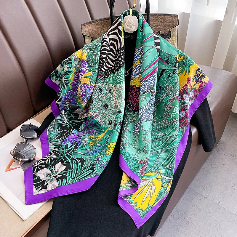 2024 New Twill Square Silk Scarf for Women Design Floral Print Wraps Stoles Hijab Foulard Headband Fashion Lady Shawl Bandana