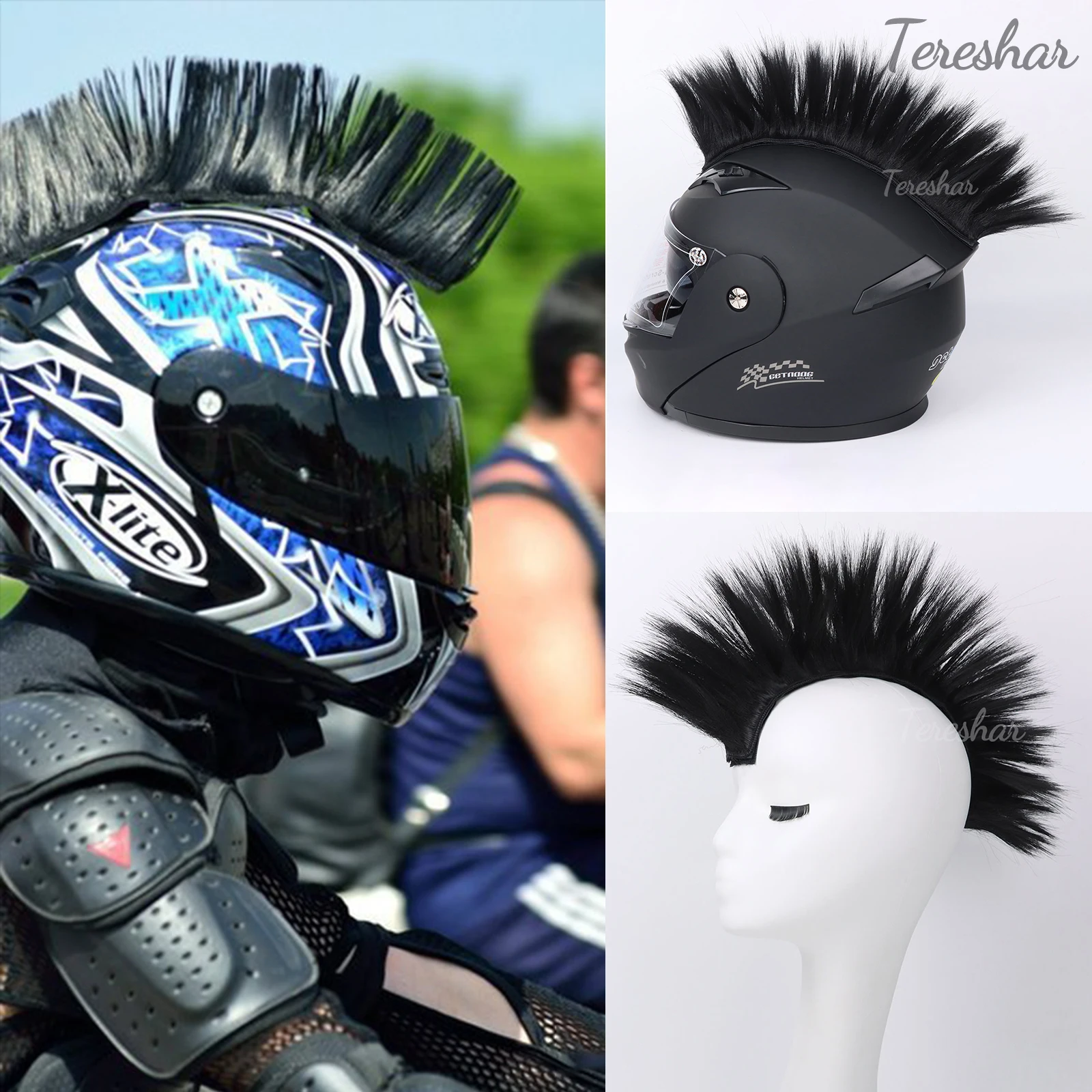 Tereshar Synthetic Helmet Hawks Motorcycle Helmet Mohawk Wigs Helmet Mohawk Wig for Motorcycle Bicycle Ski Snowboard Helmet Hair