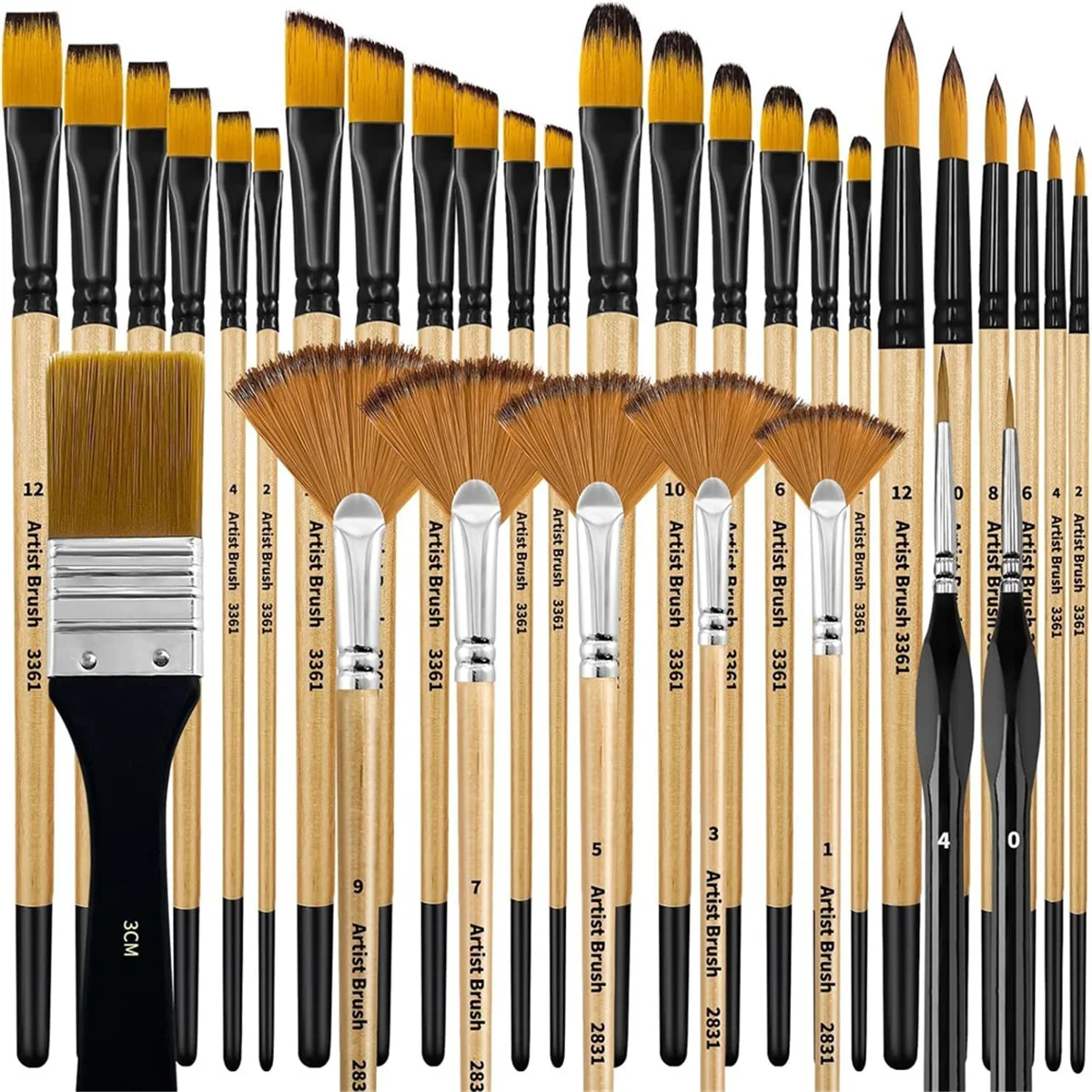 Paint Brush Set, Nylon Bristles with Round, Filbert, Flat, Fan, Angle, Suitable for Artists and Beginners for Acrylic