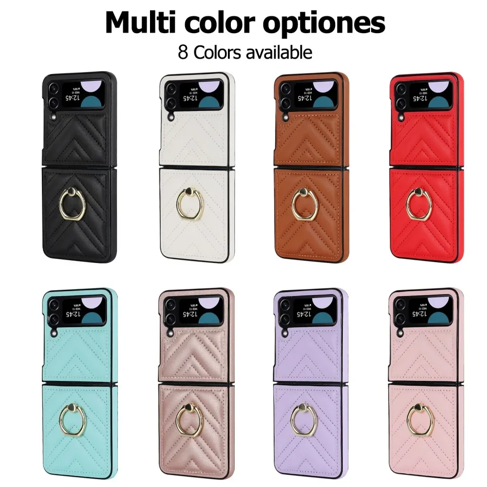 Solid Color Leather Flip Phone Case for Samsung Galaxy Z Flip6 & Z Flip5 with Finger Ring
