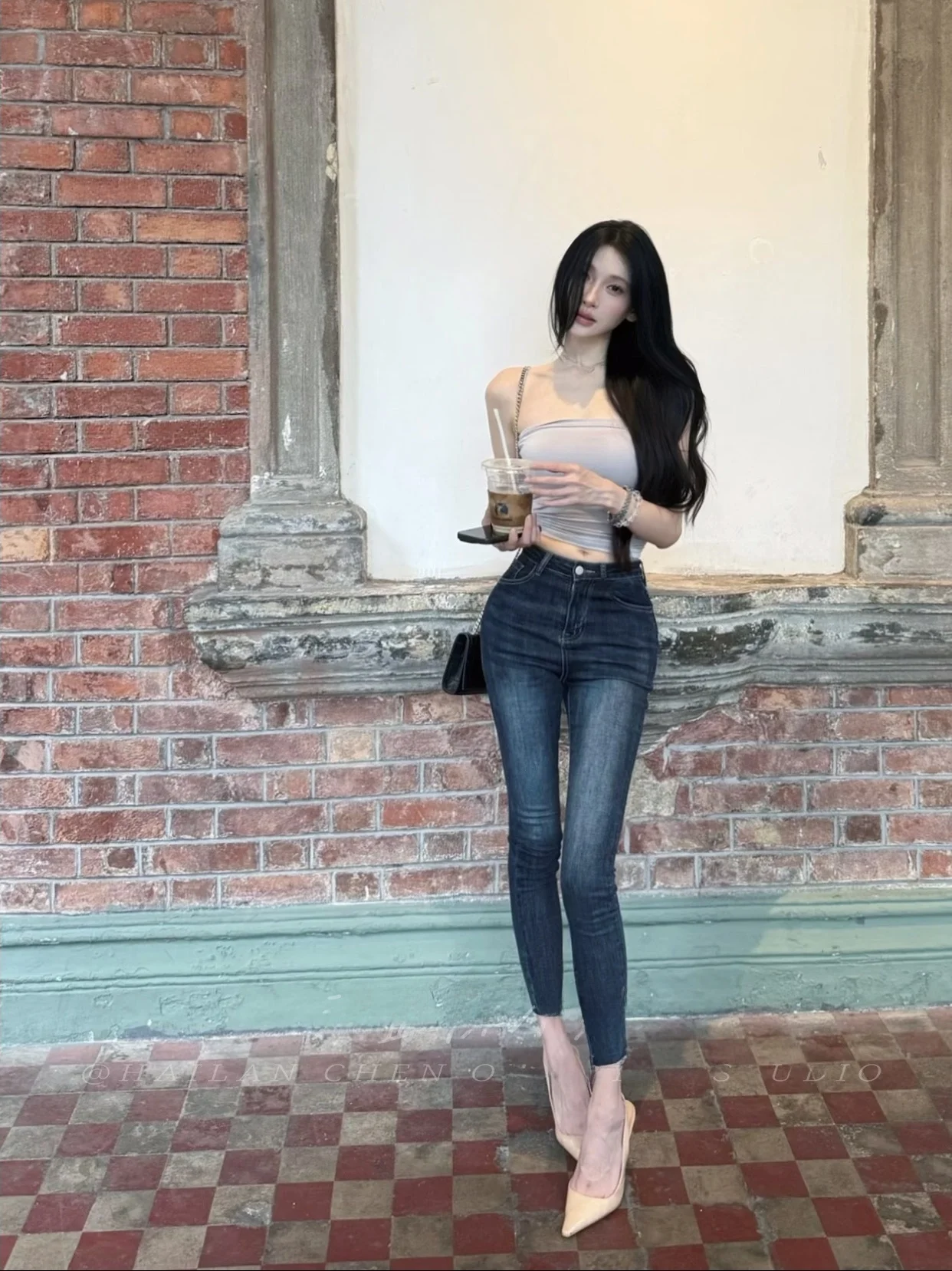 Retro Korean Deep Blue Slim Fit Jeans Women's Body Shape Enhancing Versatile Personality Pencil Nine Point Pants High Waist D...