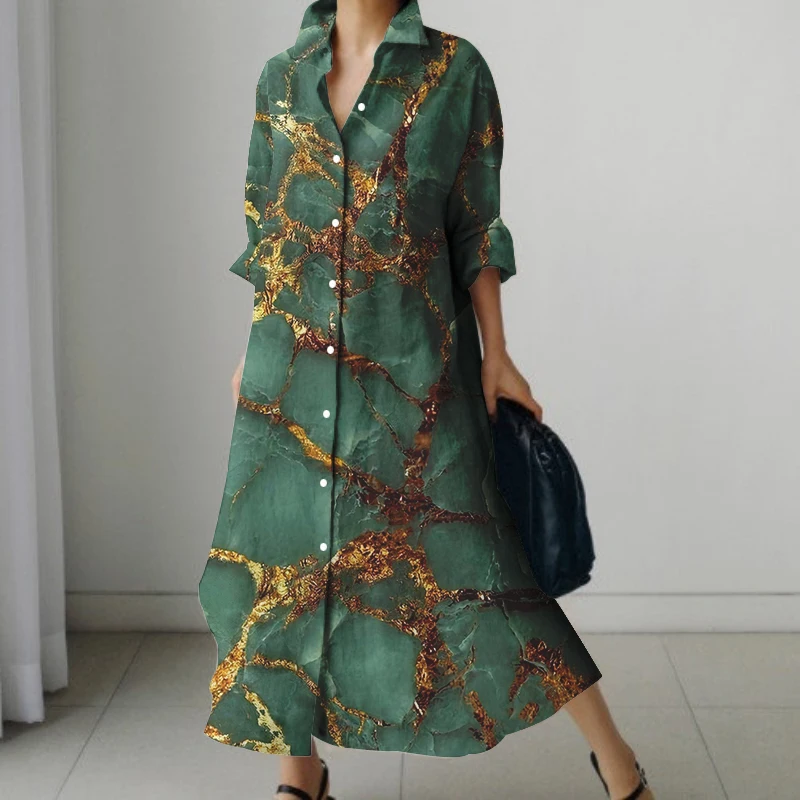 2024 New Women\'s Shirt Dress Sexy Textured Printed Lapel Shirt Dress Autumn Long Sleeve Vacation Loose Dress With Pockets