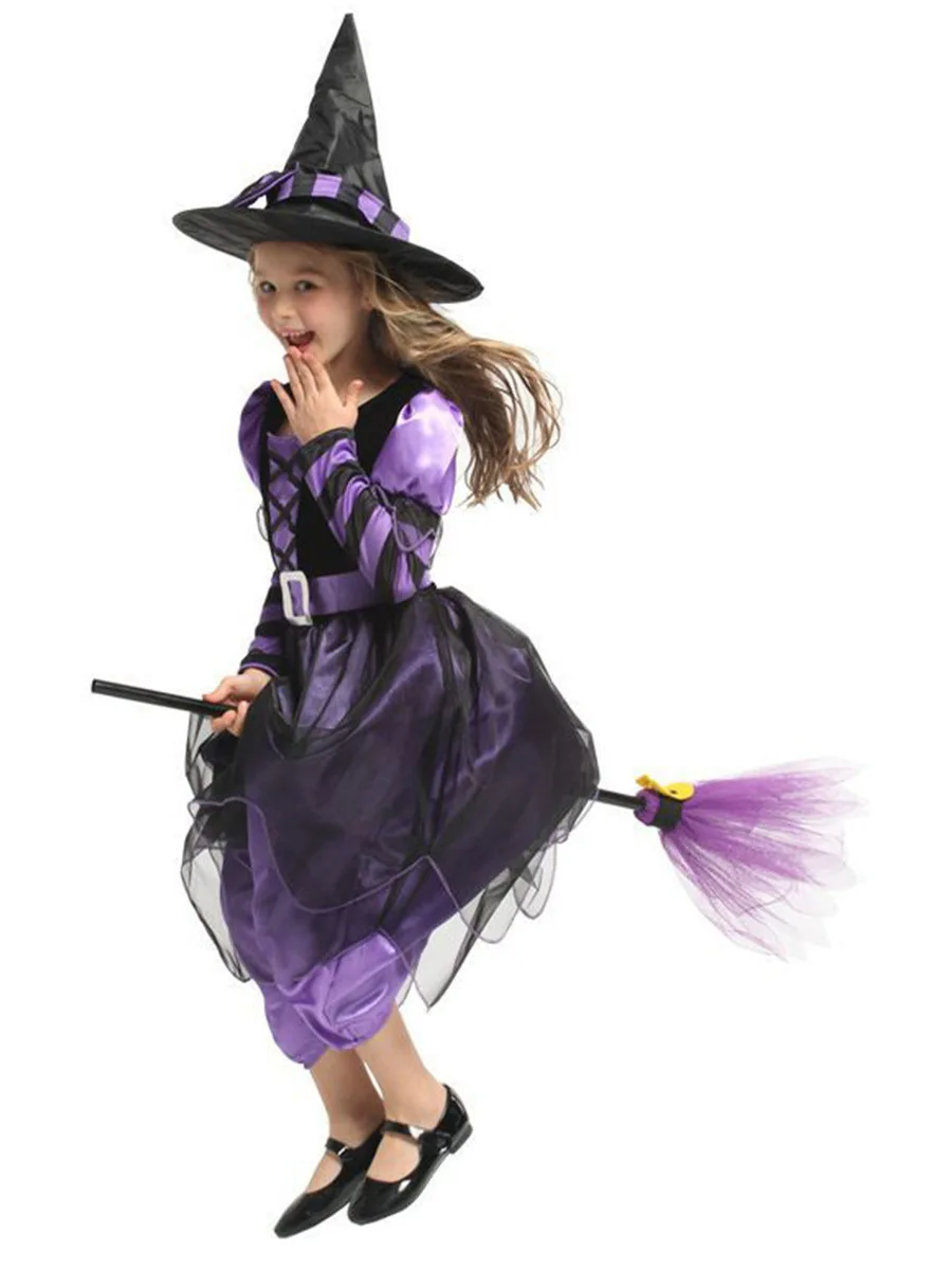 Kinder Rollenspiel-Kostüm Mädchen Hexen-Cosplay-Kleid mit Hut Besen Langarm Tüll Halloween Kostüm für Karnevalsparty – Detail 8