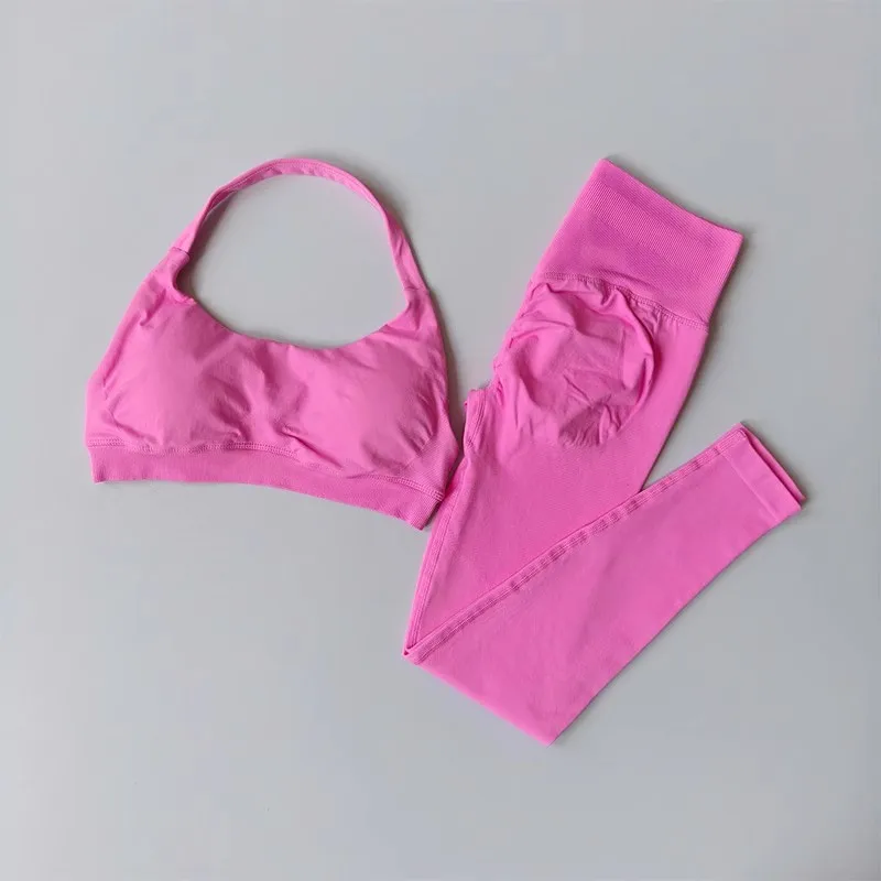2PCS Seamless Yoga Fitness Suit for Women, High Waisted,Tight Fitting Sports Bra and Fitness Pants Set, Neck Hanging Back Design image 5