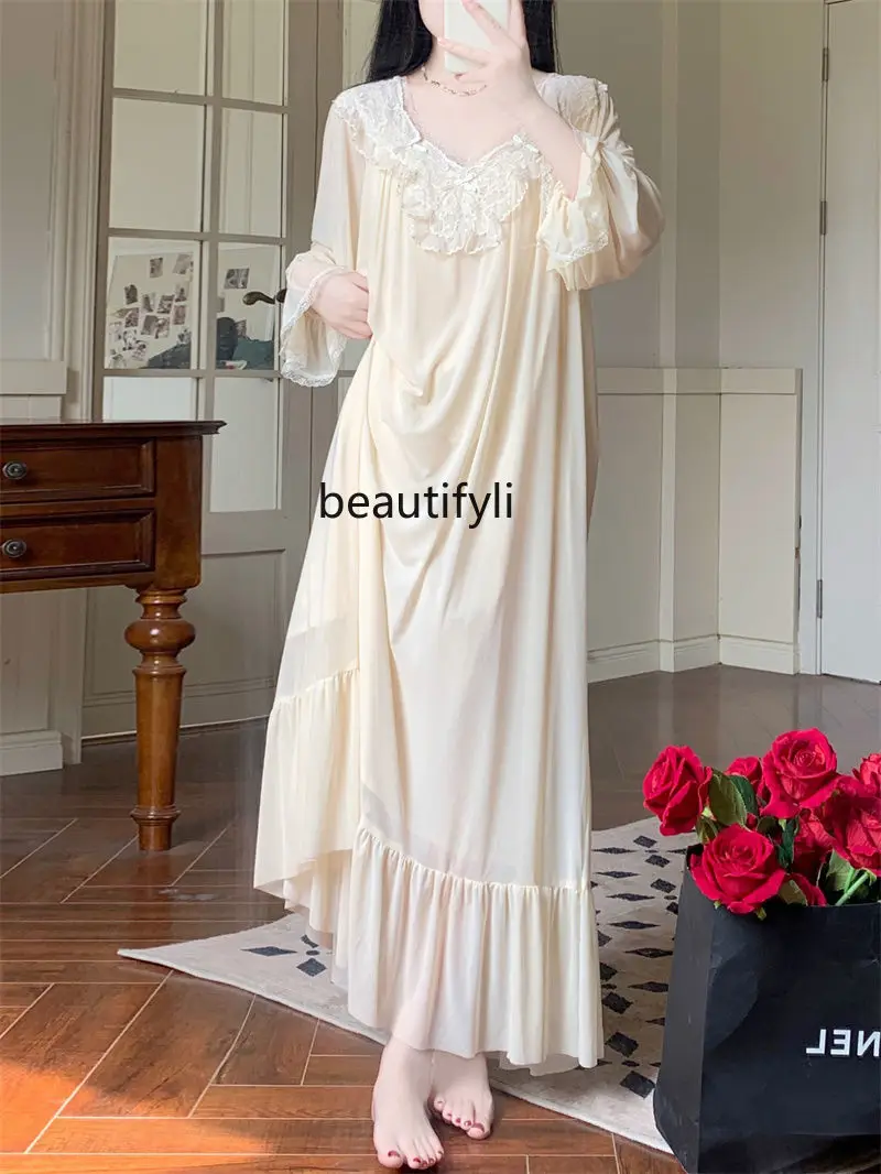 

1.00 Kg-150.00 kg plus Size French Court Sweet Nightdress Thin Pajamas Women's Summer Long Lace Homewear