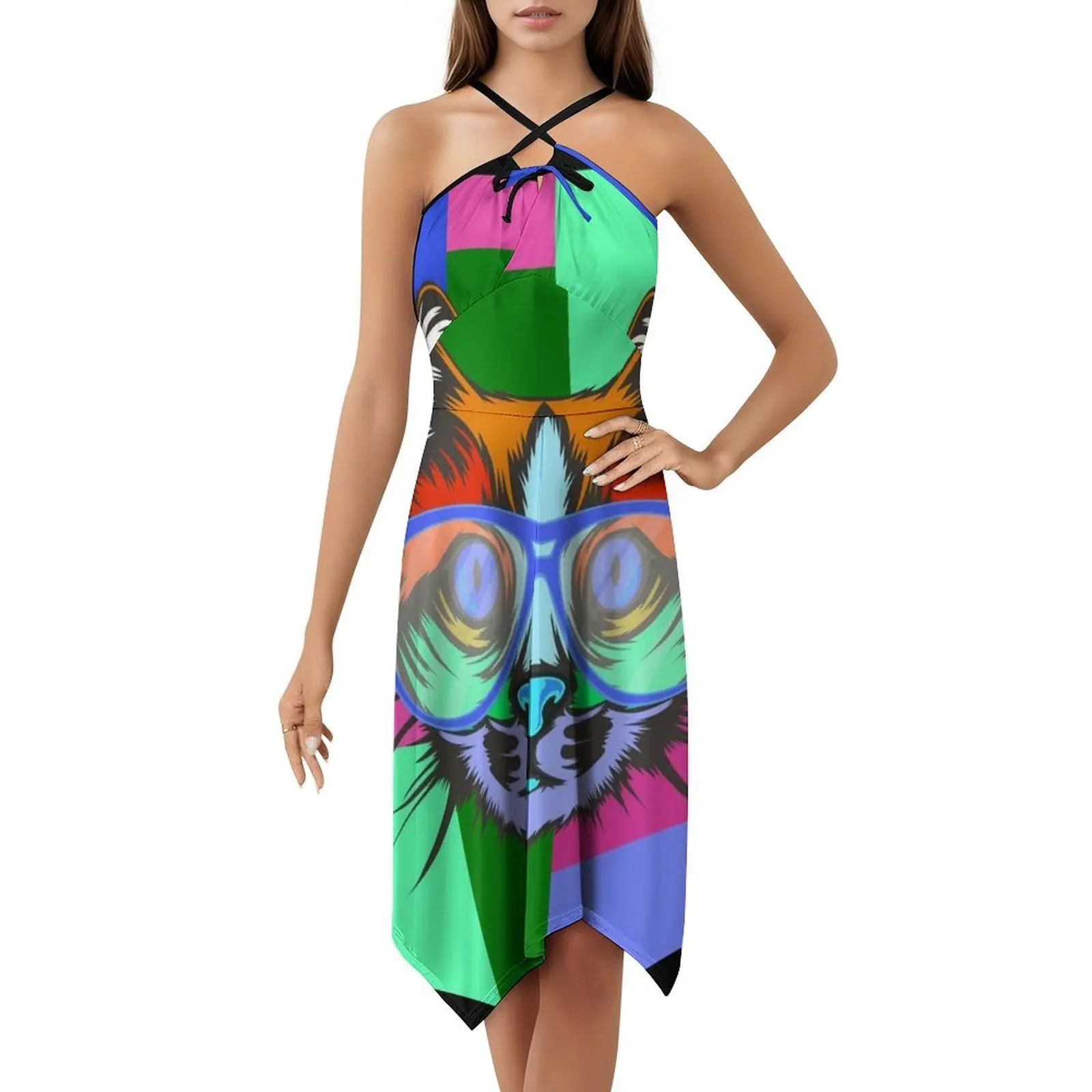 فستان كيتي بوهيمي بدون أكمام متعدد الطباعات لحفلات العطلات على الشاطئ، فستان كات كيتي كات مع نظارات ملونة لفن البوب، فستان سهرة #5