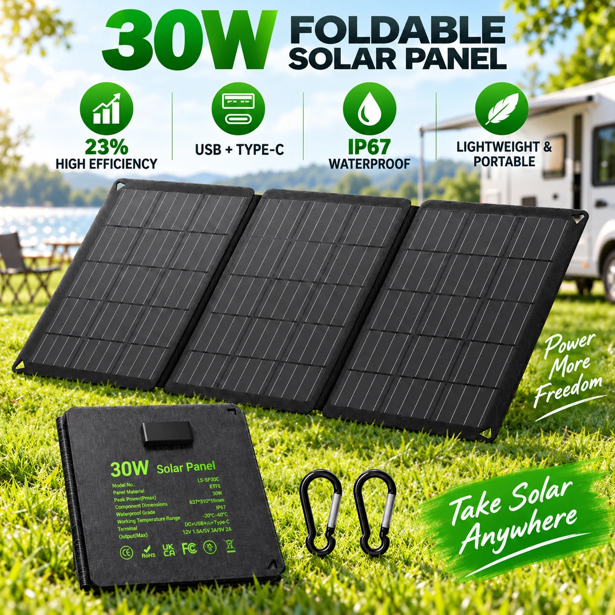 30W Faltbares Solarpanel, Tragbares Monokristallines Solarladegerät mit 23% Wirkungsgrad, IP67 Wasserdicht, MC4 Adapter für Powerstation, Camping und Wohnmobil