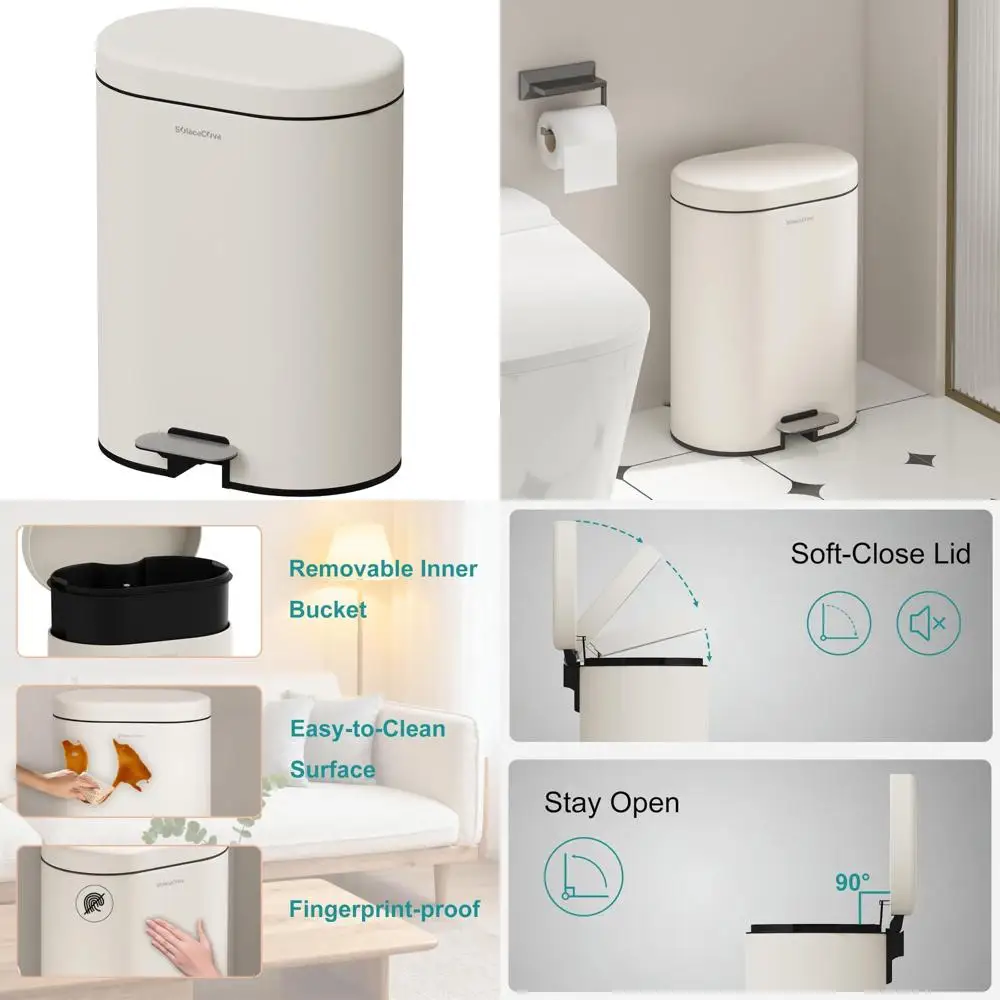 

Oval Brushed Stainless Steel Trash Bin with Soft Close Lid and Removable Inner Bucket for Bathroom Use