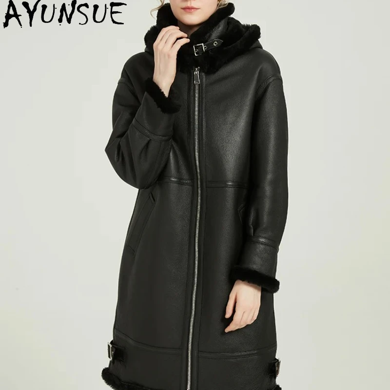 

AYUNSUE куртка из натуральной кожи, женские мотоциклетные куртки средней длины, 2025 г., пальто из натурального овчины, женская зимняя одежда, уличная одежда