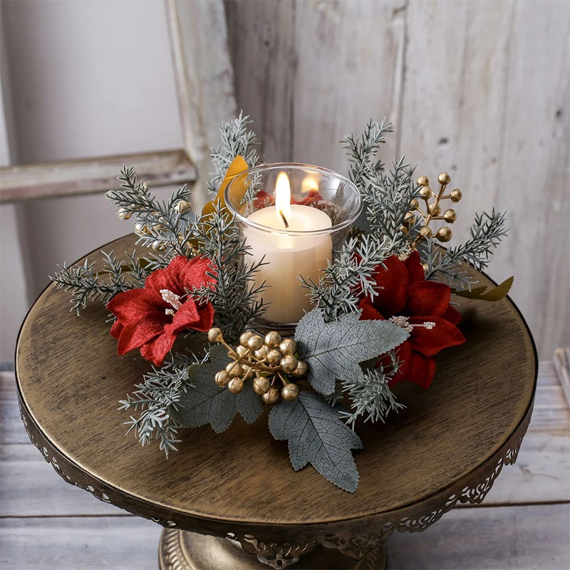 25cm Christmas Candlestick Wreath Artificial Flower Plants Candle Aromatherapy Ring Holder Xmas Wedding Table Centerpiece Decor