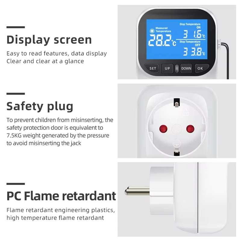 Digitaler Temperaturregler Steckdose Thermostat mit Zeitsensor Sonde Heizung Kühlung Schalter 16A EU-Stecker