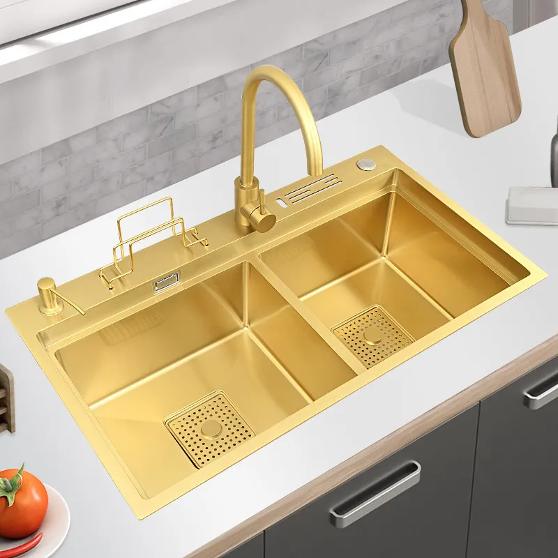 Golden Handmade Stainless Steel Sink 304 Household Kitchen Vegetable Basin Double Sink Multifunctional