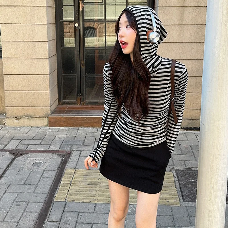 Korean Striped Hooded Sweatshirt for Women Spring Autumn New Bottoming Tops Vintage Subcultural Long Sleeve Pullovers