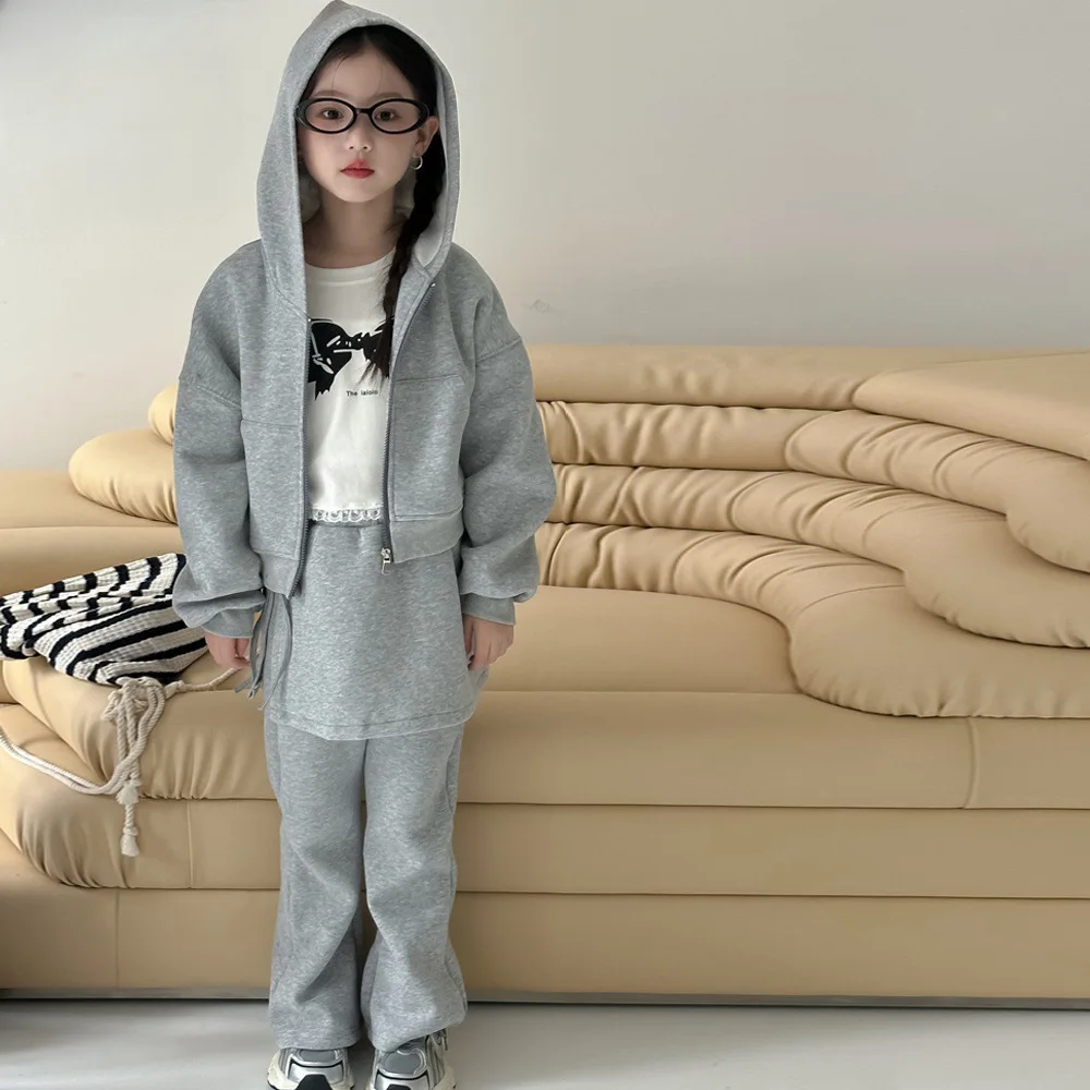 Childrens Sets Autumn Girl Hooded Sweater Korean Motion Two Pieces Simple 2024 Open Stitch Fashion Sweet Lovely Loose