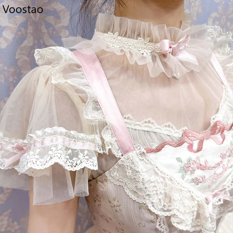 Japanese Sweet Lolita Blouses Women Harajuku Kawaii Ribbon Bow Ruffles Mesh Shirts Girls Gothic Y2k Blusas Mujer Inside Tops