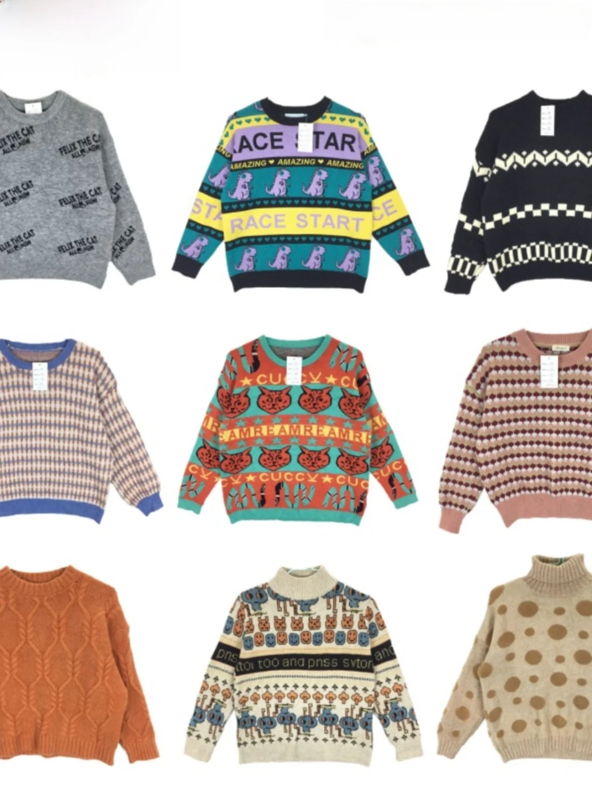 

Vintage Knitted Sweater Wool Pattern round Ne Loose Retro Cartoon Embroidery Winter Women's Faion Warm Thermal Top