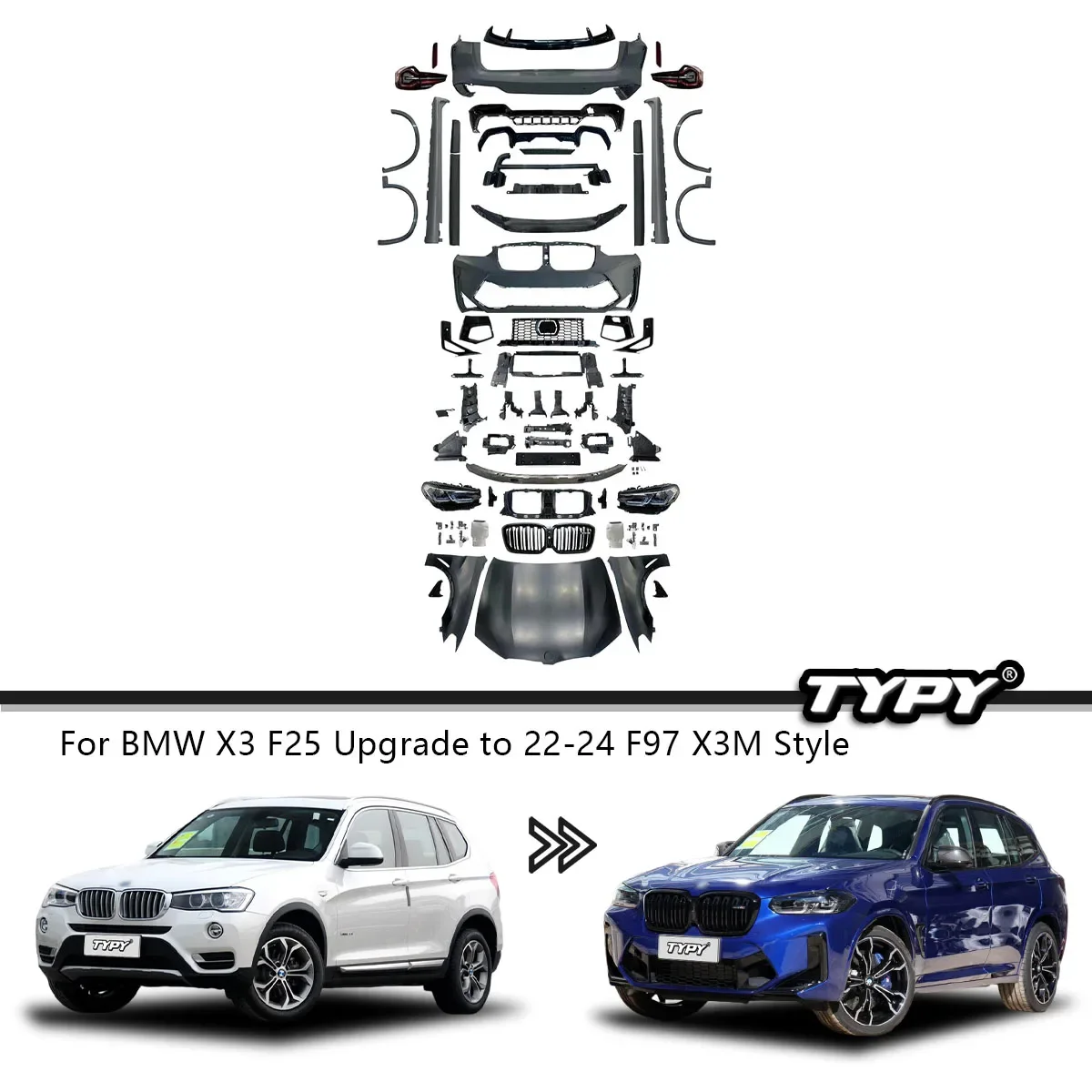 

Комплект кузова для BMW X3 F25 10-18 Обновление в стиле F97 X3M Автомобильные бамперы, крылья, капот, задние фонари, боковая юбка, фары X3