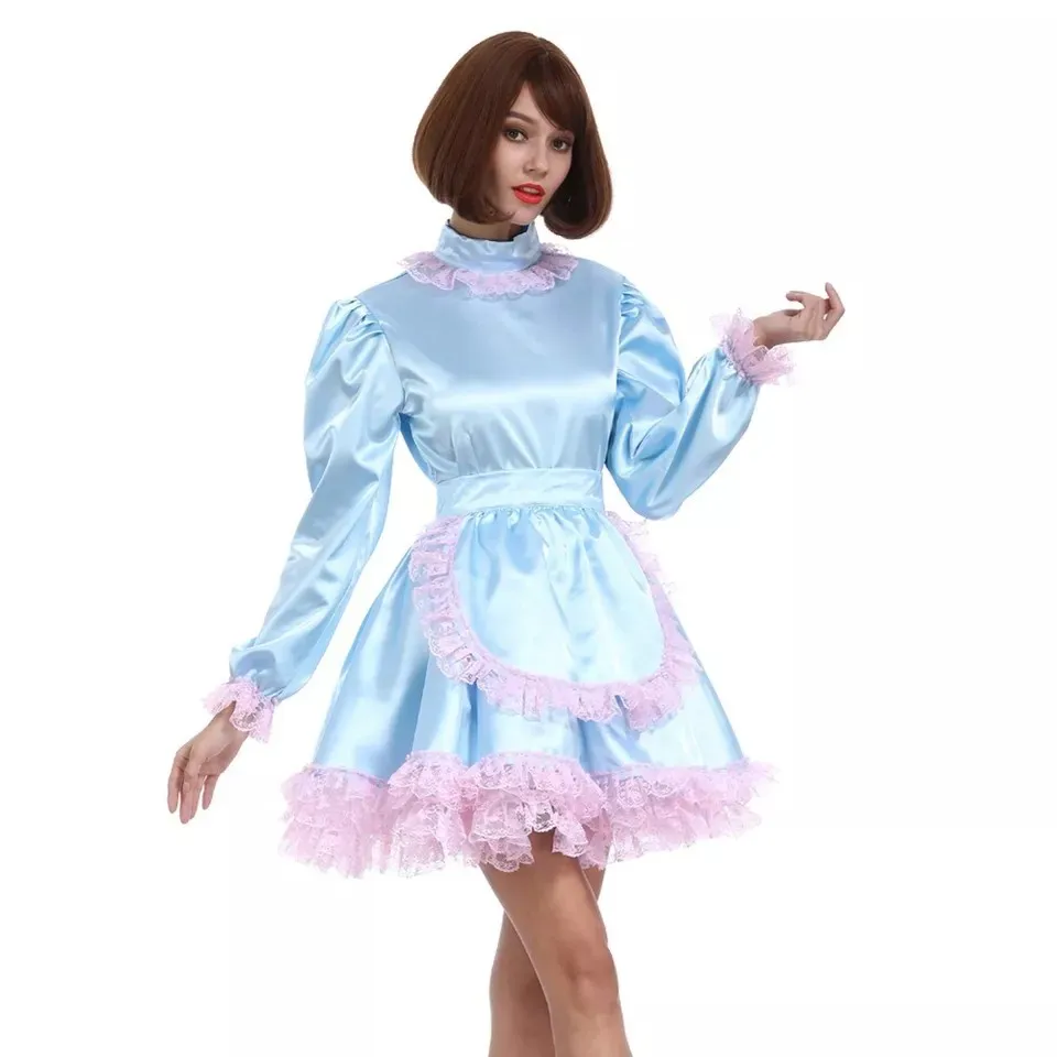

Blue Lockable Sissy Satin Lace Dress for Women Cosplay Customized