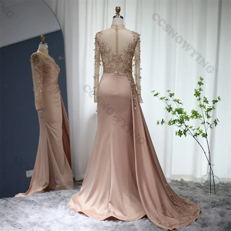 Long Sleeve High Neck Prom Dresses Evening Gowns Satin Appliques Beaded Formal Party Dress Arabic Dubai Women Robe De Soiree