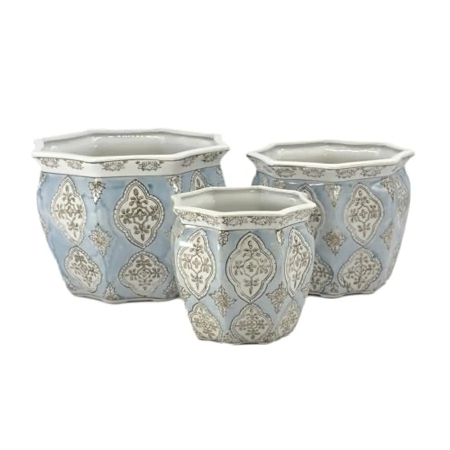 Juego de 3 Macetas de Cerámica de Porcelana con Diseño Floral Acanalado, Color Azul Claro y Blanco, de 7.5, 10 y 13 Pulgadas, para Decoración de Jardín Interior y Exterior, Estilo Asiático