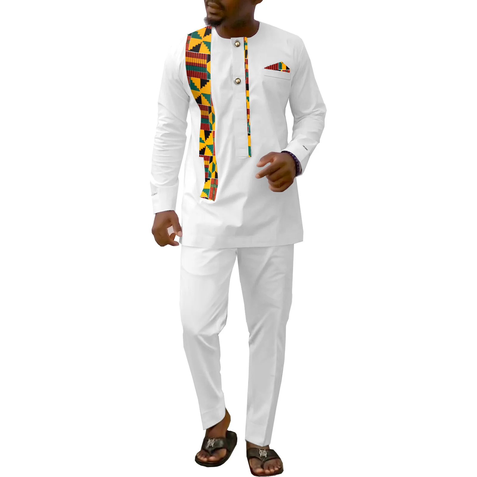 

SEA&ALP African for Men Kente Print Suit Dashiki Outfits Shirt and Pants Traditional Casual 2 Piece Sets