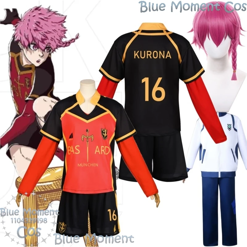 Ranze Kurona Anime Blauw Cosplay Lock Kostuum Pruik Sport School DK Uniform Zwart Rood Pak Man Voetbal Jongen Holloween Aangepast