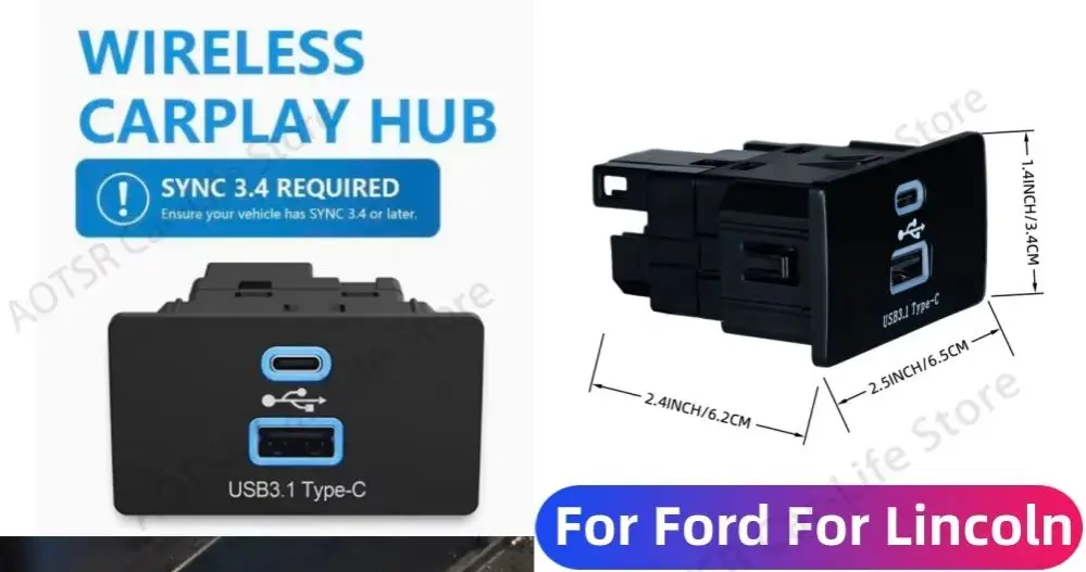 Wireless CarPlay Android Auto Adapter Type-C PD Fast Charging Dongle USB Hub For Ford For Lincoln SYNC 3.4 Plug and Play Upgrade
