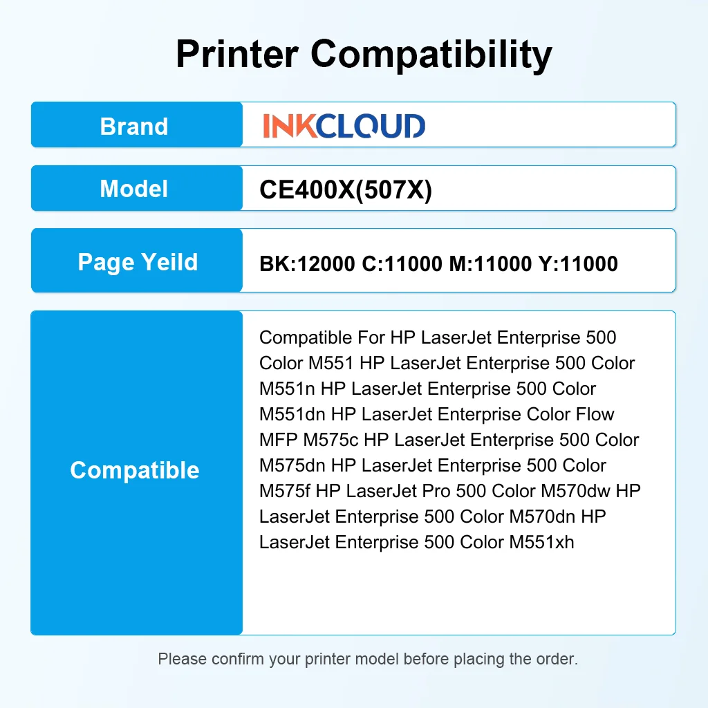INKCLOUD 507X CE400X Sostituzione per HP 507X 507A CE400A CE400X CE401X CE402X CE403X M570dn M551dn M551n M575dn M551xh M570dw