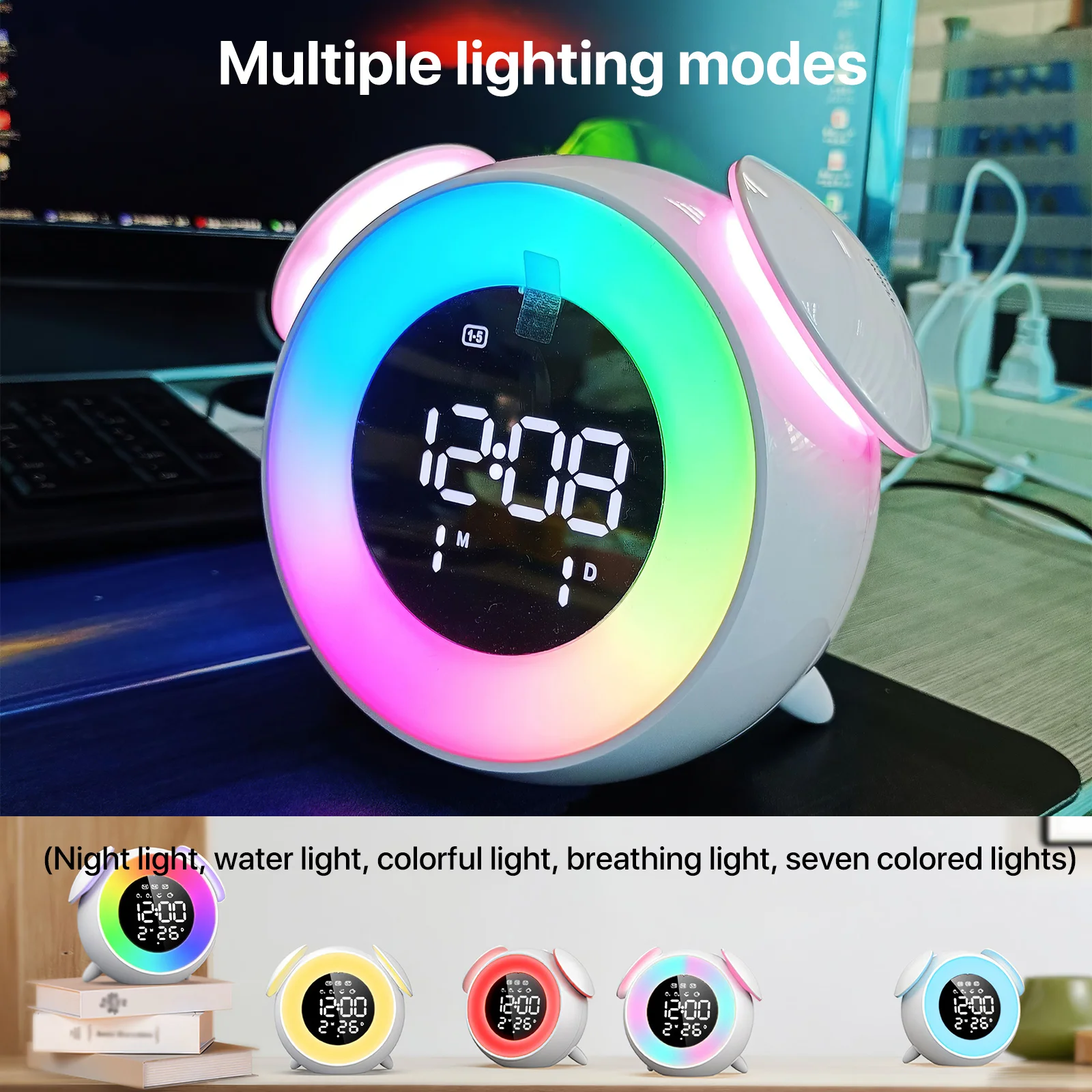 Music LED Alarm Clock Ambient Light 12/24 Hour Conversion Snooze And Time Memory Function Bedside Table Kid Wake Up Night Light