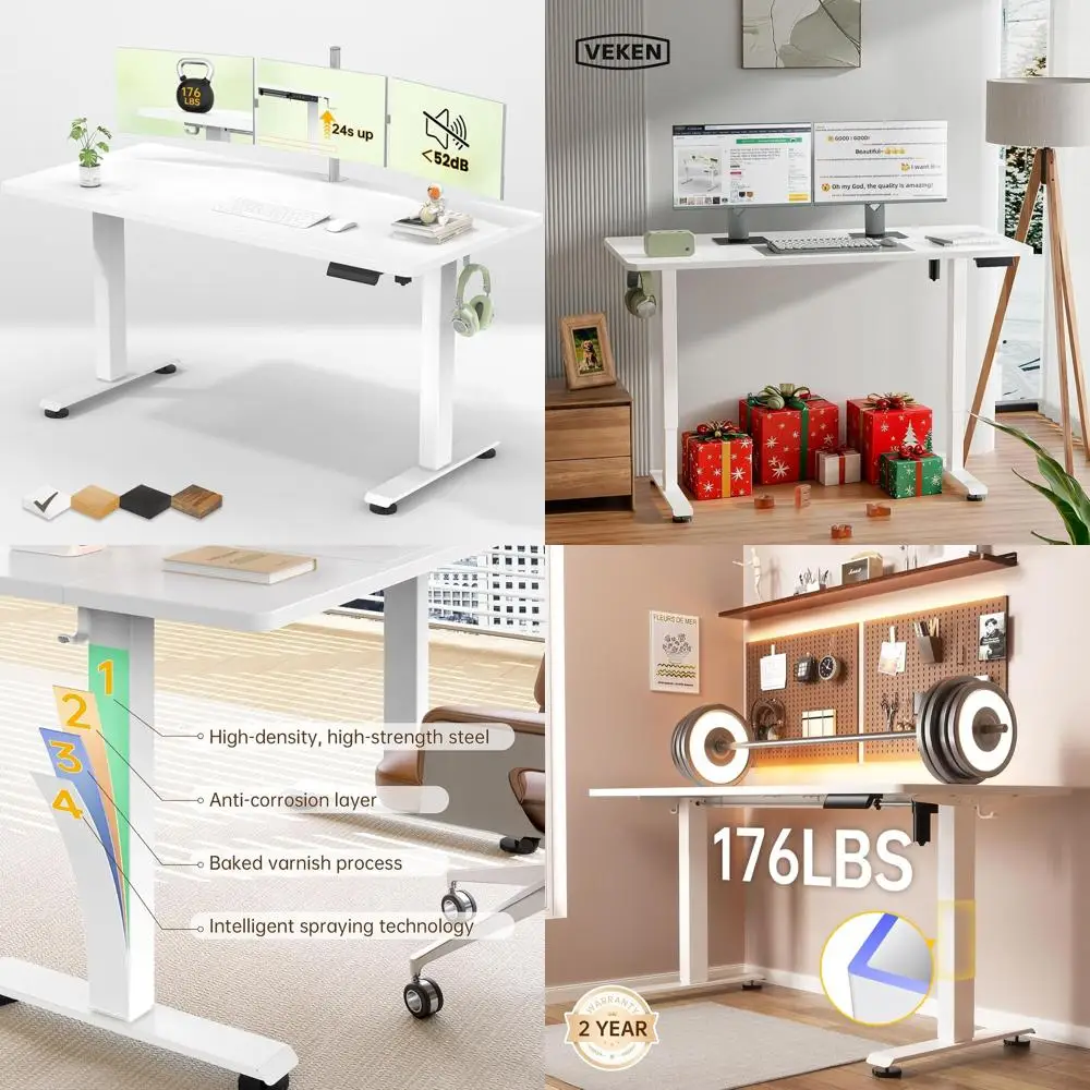 55 Adjustable Height Electric Desk, Sit-Stand, Wooden Top, White, for Home Office, Study & Gaming