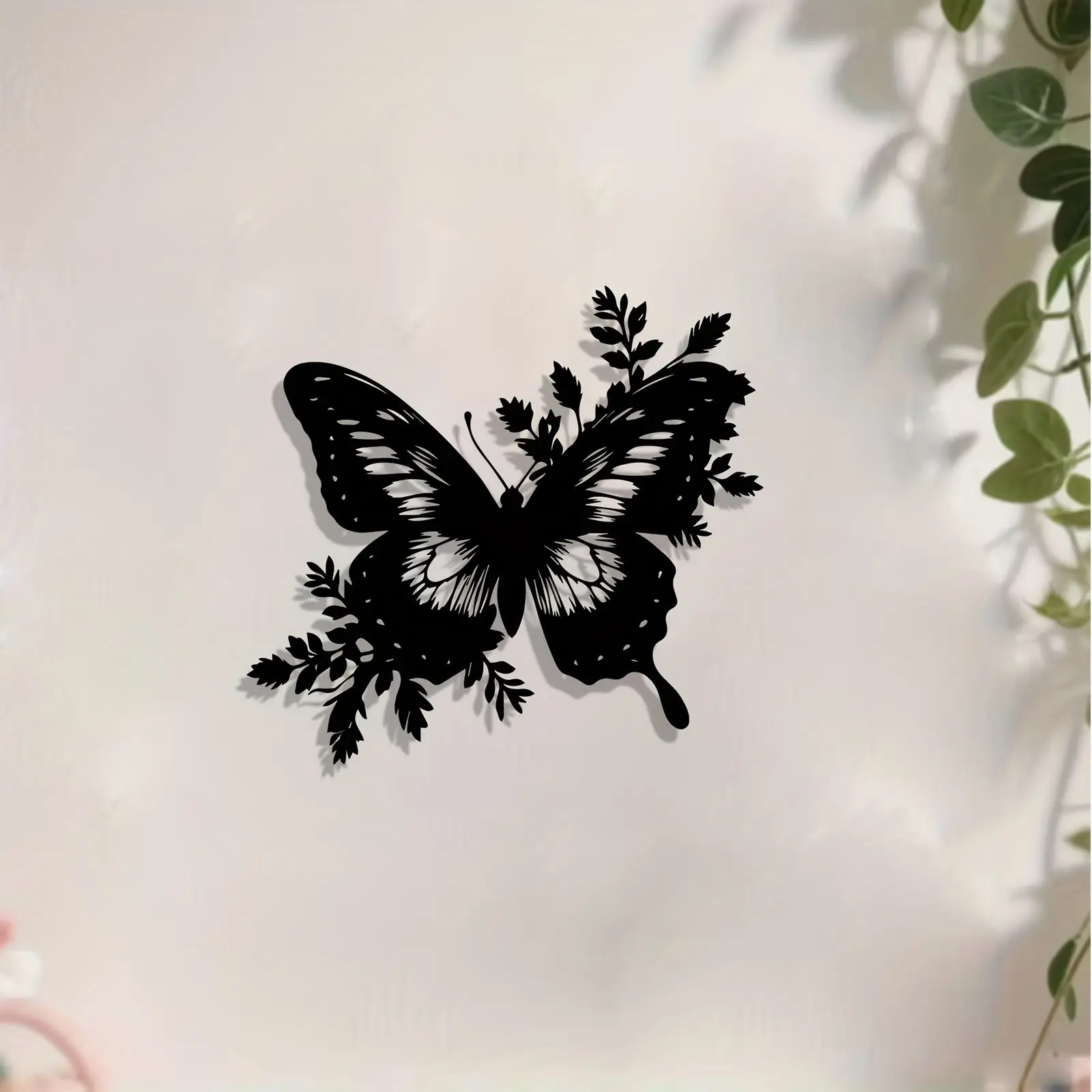 CIFBUY Butterfly With Floral Leaves Metal Wall Art, Hollow‑Cut Insect Iron Wall Hanging for Home Living Room Decor