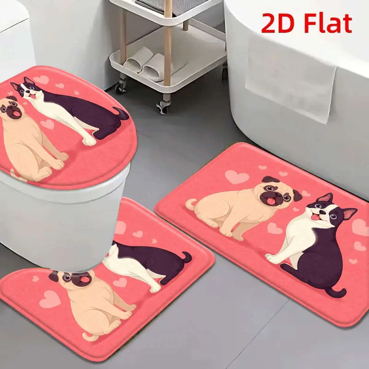 3Pcs Coral Pink Pug Boston Terrier Bath Mat Non Slip Absorbent Toilet Rug with Lid Cover for Bathroom Washable Flannel Base