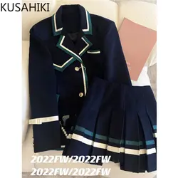 KUSAHIKI Korean Preppy Style 2Piece Sets Womens Outifits Hit Color Striped Notched Collar Coat + High Waist A-line Skirt Suits