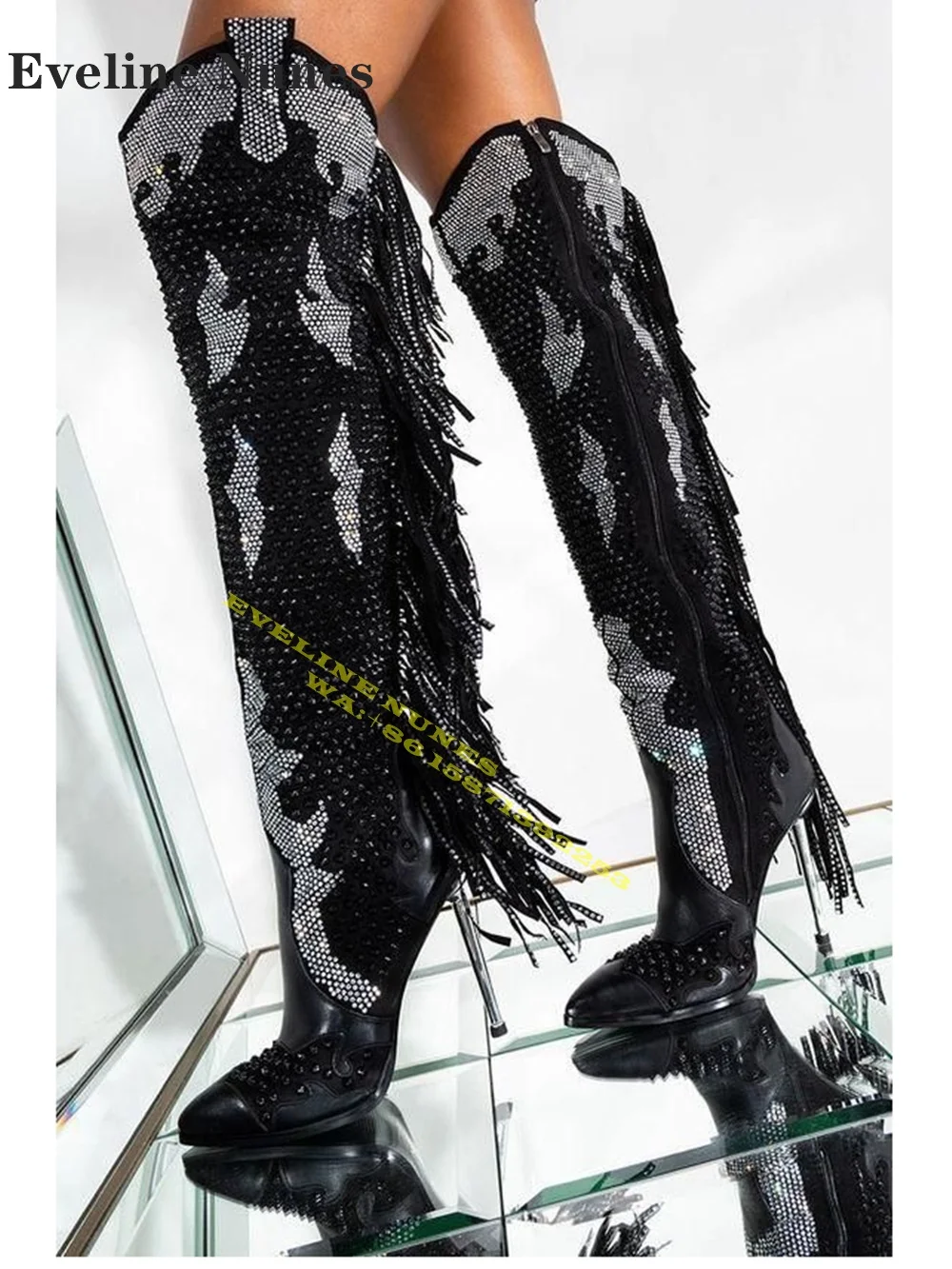 Women's Rhinestone Embellished Over The Knee Boots Crystal Fringe Metal Heel Pointer Toe Patchwork Women Sexy Fashion Shoes 2024