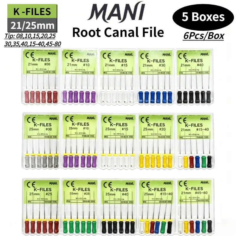 5Boxes Dental MANI Root Canal Files Stainless Steel Endodontic Manual Root Canal Files 6pcs/Box H File K File 21/25mm