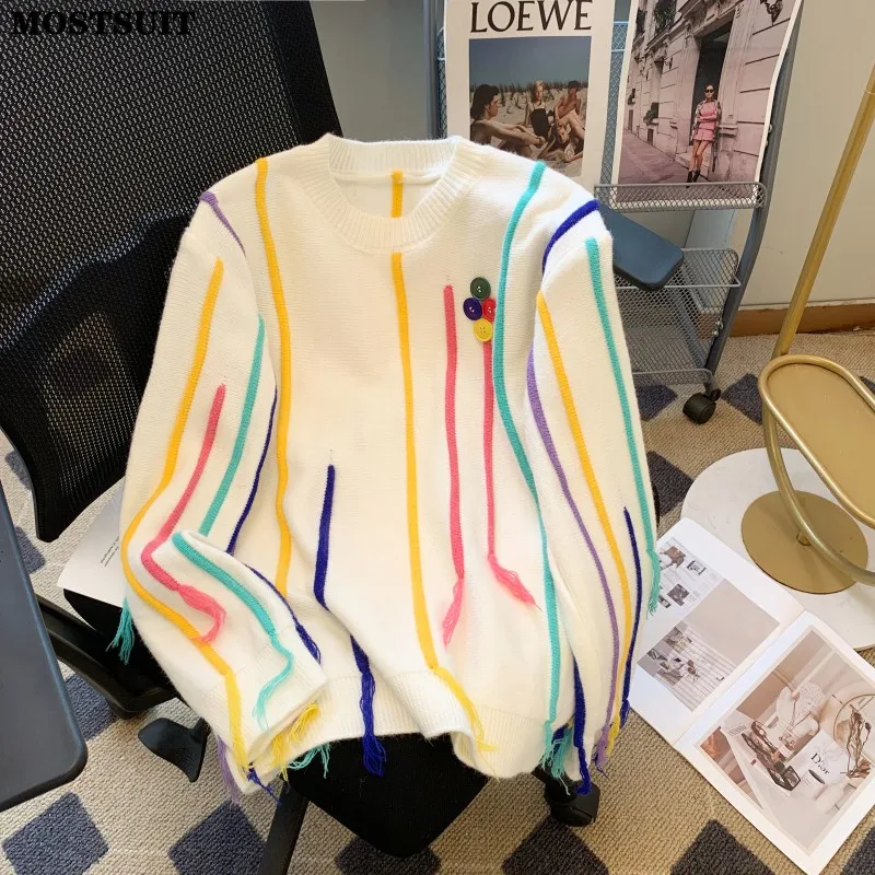 Colorful Striped Tassels Knit Sweater Women Stylish Loose Fashion Chic Pullover Tops 2023 Autumn Winter Long Sleeve O-neck Jumpe