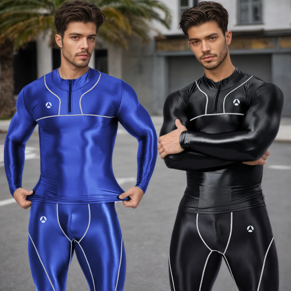 AMORESY Men Oil Glitter Thin Longsleeve Front Zipper Tops Quickdry Breathable Running Cycling Gym T-shirt Sport Tight Undershirt