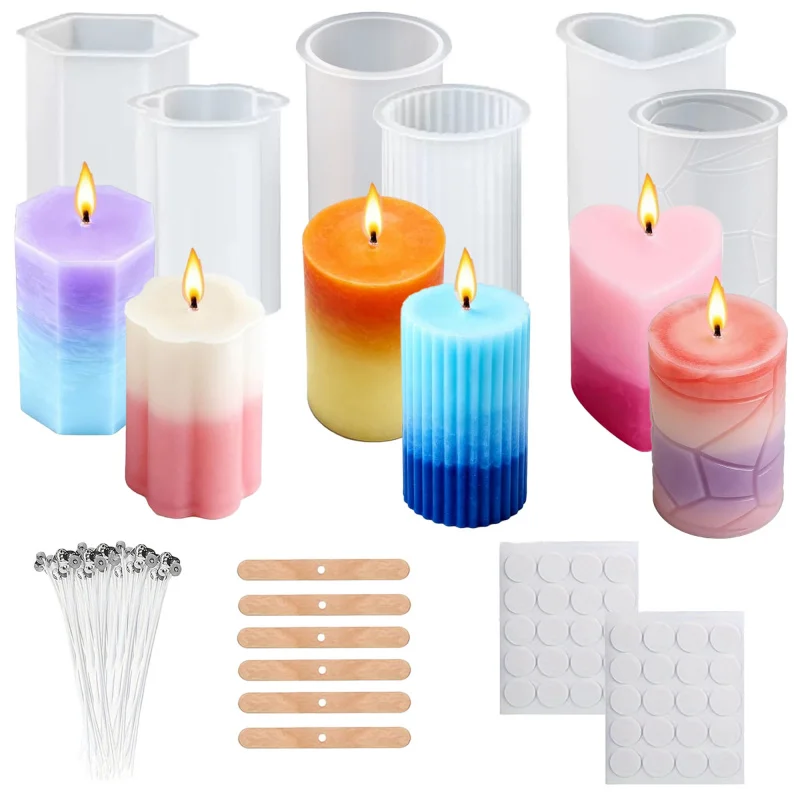 6Candle Silicone Mold Kit，One Pack6A candle mold used for casting，Candle molds of different shapes，Including50 Wick， 6 A bracket