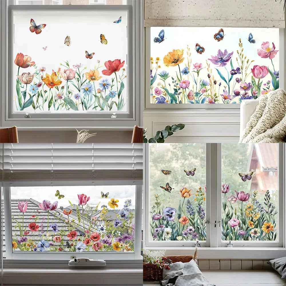 1PCS Painted Fresh Flowers Green Plant Leaves Glass Windows Home Landscaping Decoration Electrostatic Uv Window Stickers