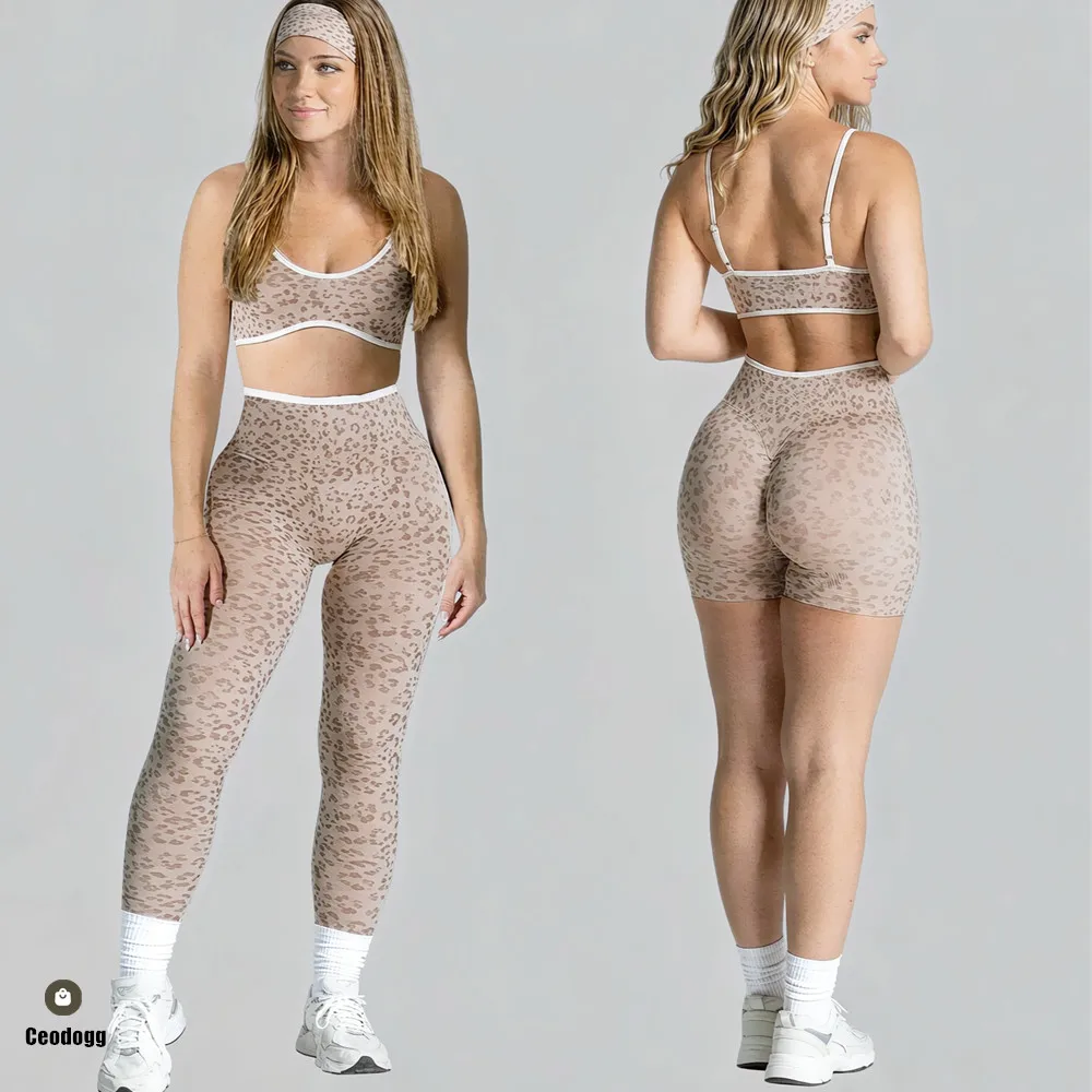 3PCS Seamless Knit Headband Women Leopard Yoga Set High Waist Legging Butt Shorts Strap Sports Bra Gym Workout Activewear XP269