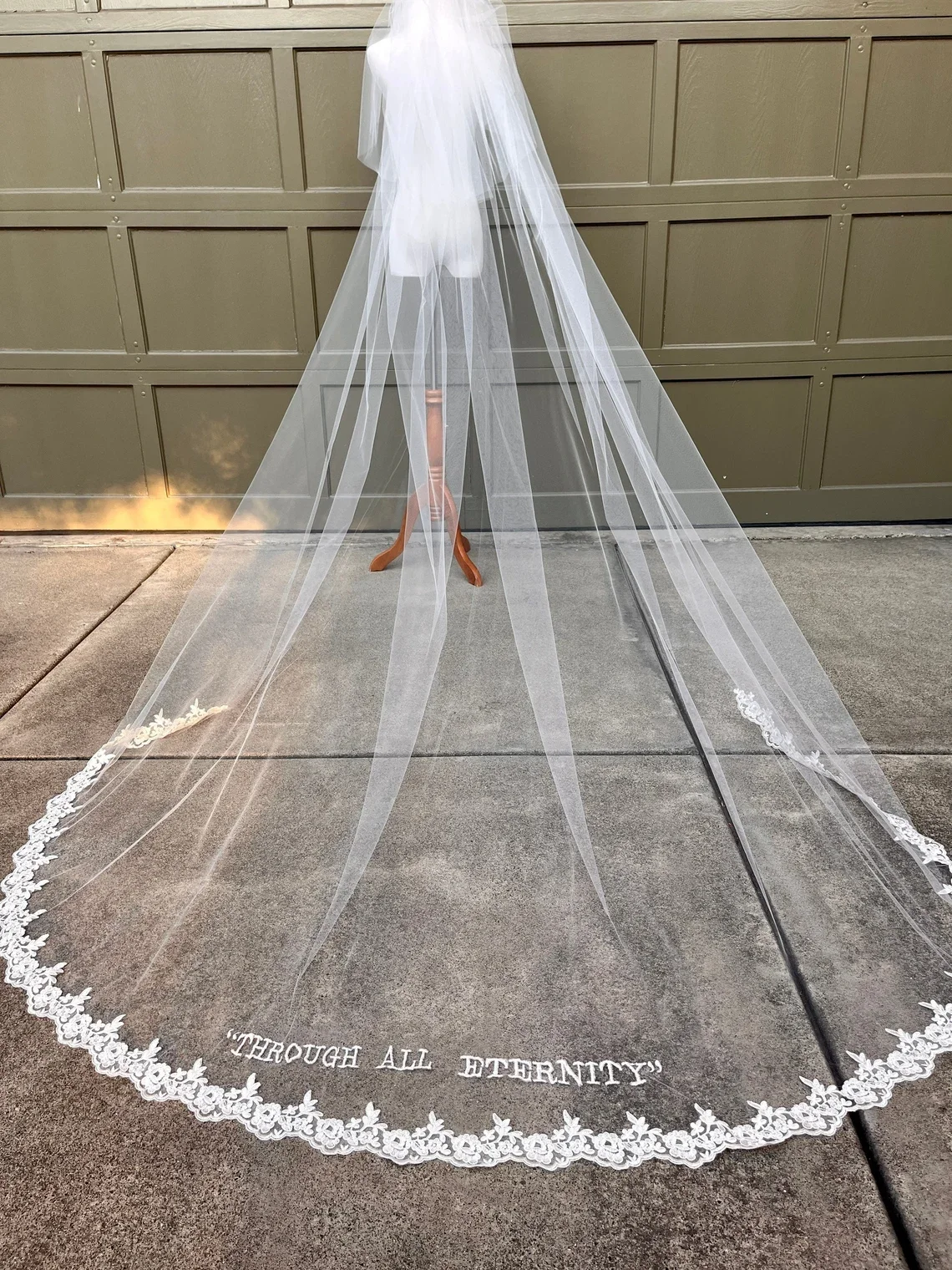 Hailey Bieber Embroidered Phrase Wedding Veil Custom Lace Bridal Veil with Words Cathedral Veil Dramatic with Name Love Quote