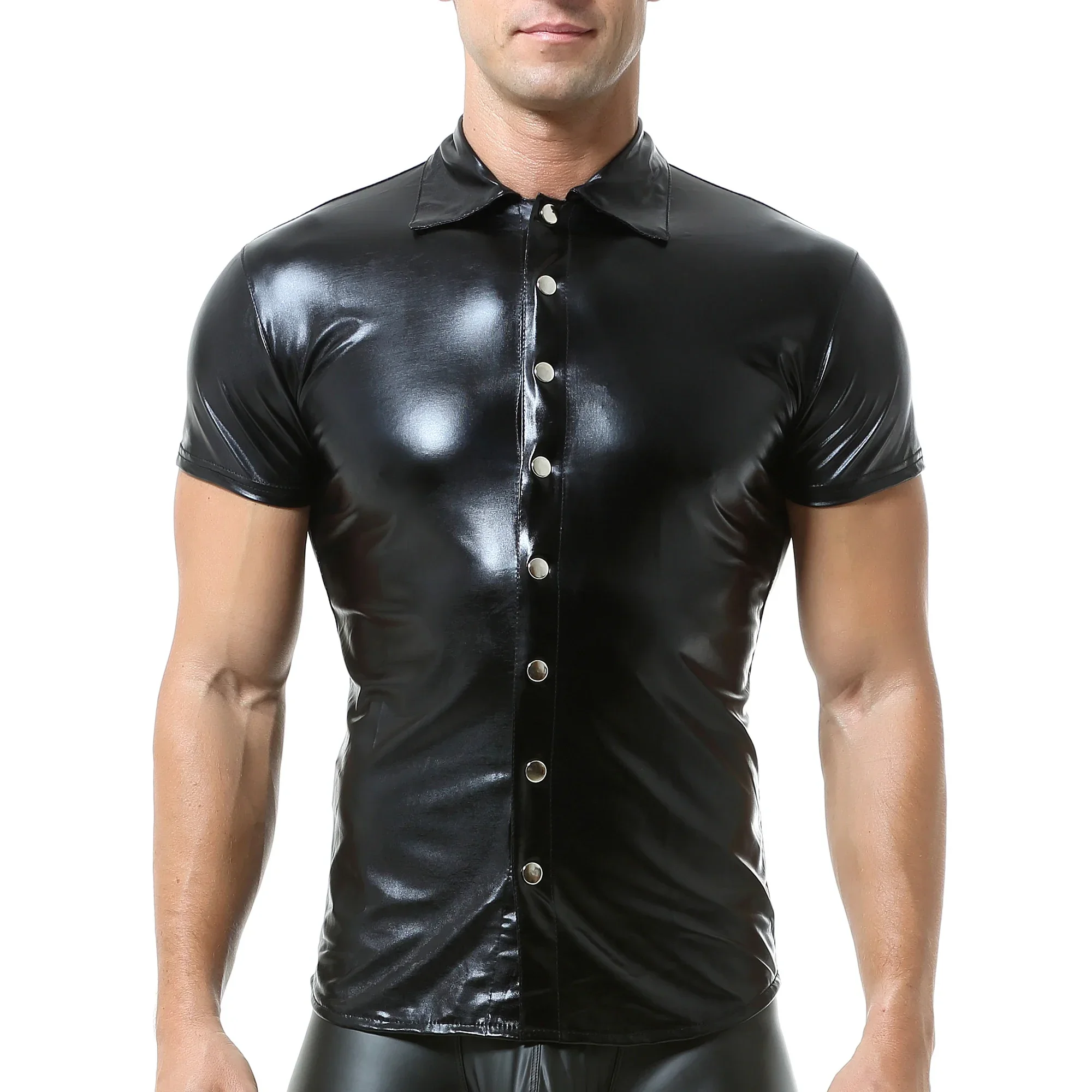 Men Short Sleeve Lapel Shirts Faux Leather T Shirt Nightclub Stage Costumes Men's Sexy Button Up Shirt PU Leather Dance Clubwear