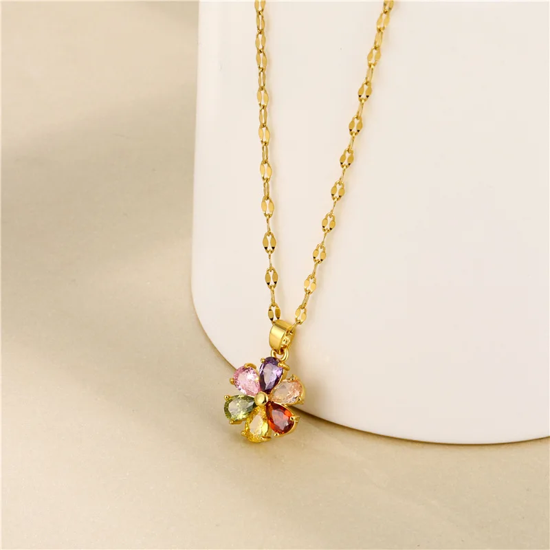 Vintage Bohemia Colorful Zircon Crystal Flower Pendant Stainless Steel Women Necklaces Female Clavicle Chain Jewelry Wholesale